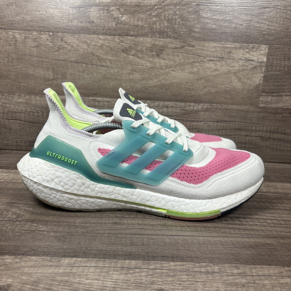 Adidas Ultraboost 21 White Pink Green Womens US Size 10 S23845 Running Shoes